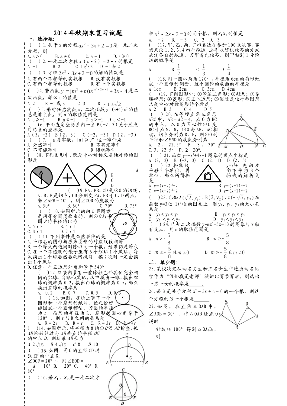 2014年秋九年级期末复习试题_第1页