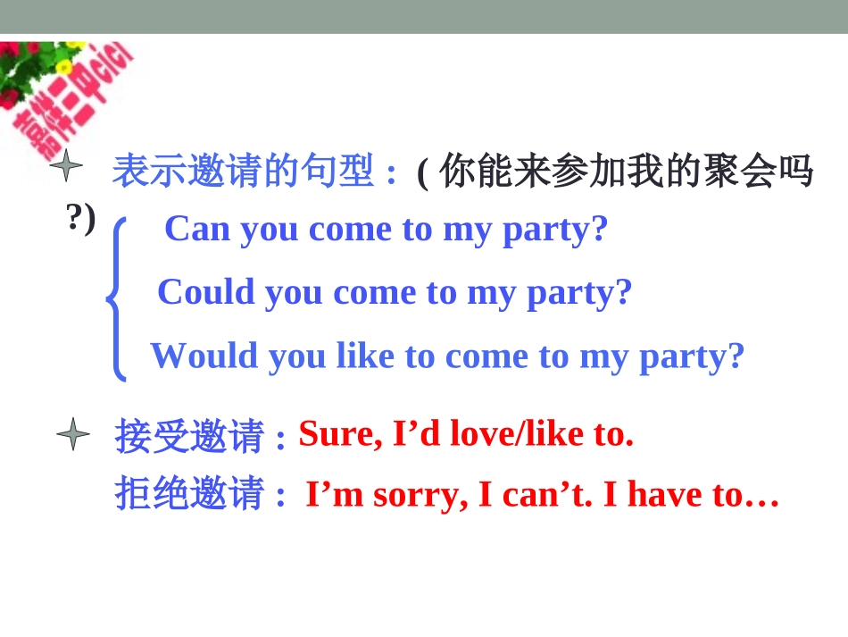 2013年秋人教版八年级英语上册Unit9+Can+you+come+to+my+party复习课件（19张）_第1页
