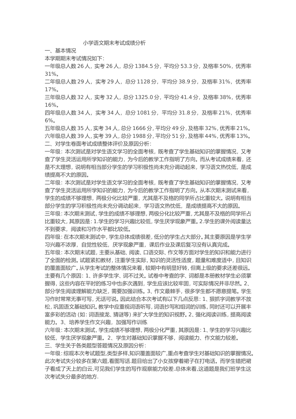 小学语文期末考试成绩分析_第1页