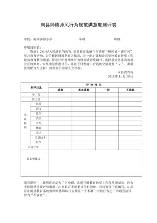 南县师德师风行为规范满意度测评表