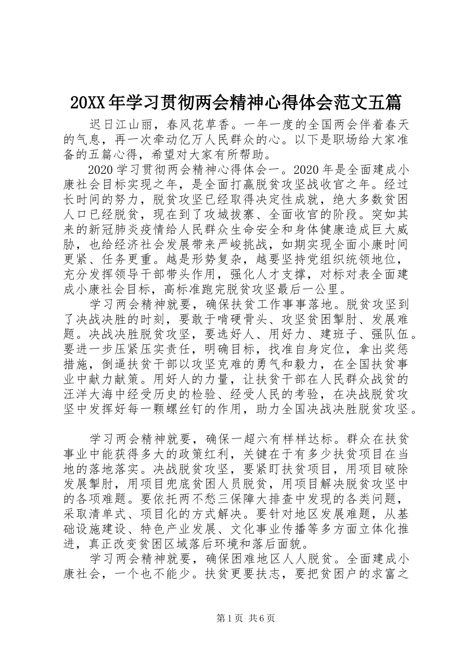 20XX年学习贯彻两会精神心得体会范文五篇_第1页