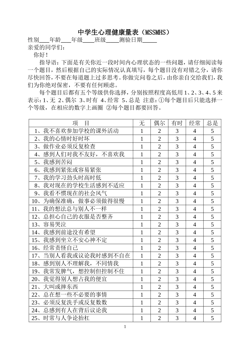 中学生心理健康量表MSSMHS_第1页