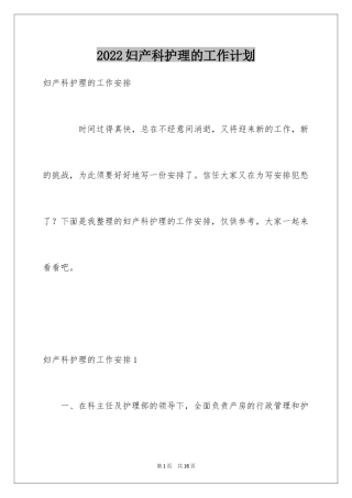 2024妇产科护理的工作计划