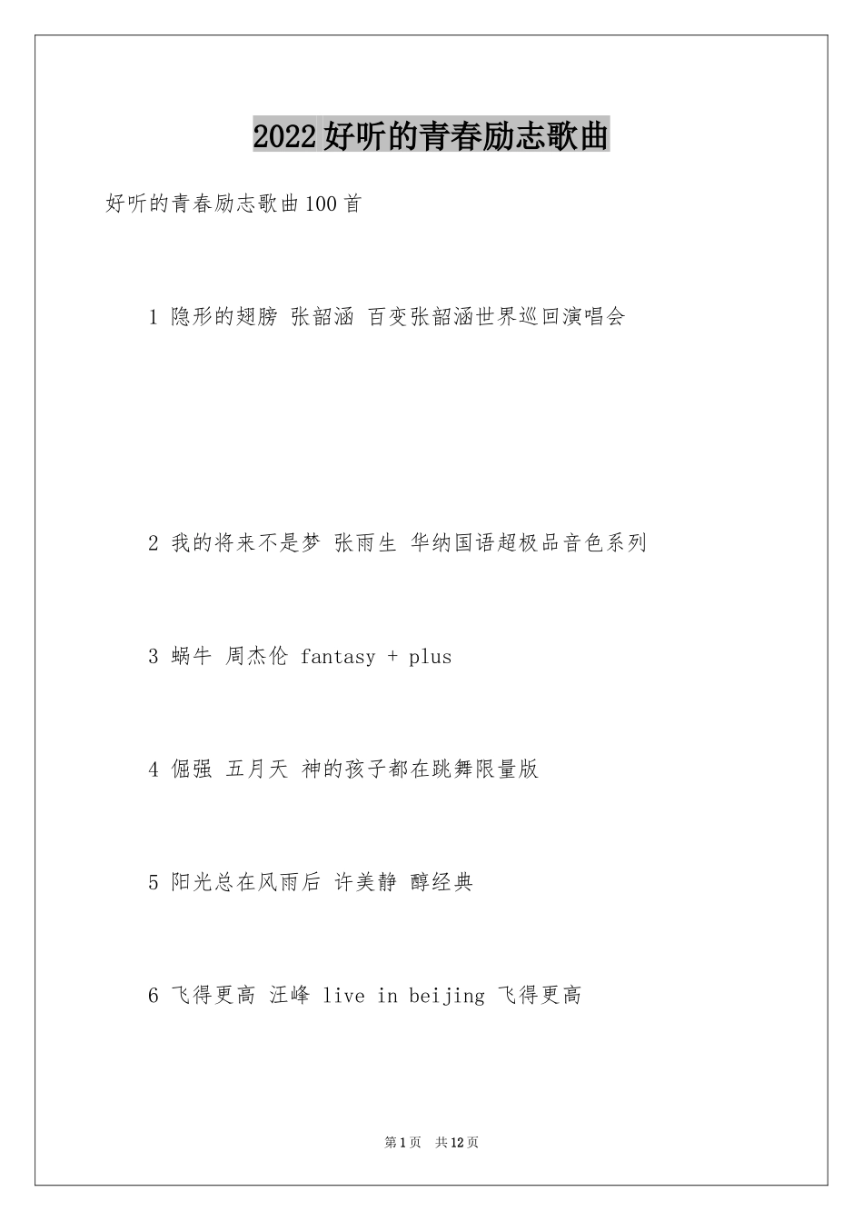 2024好听的青春励志歌曲_第1页