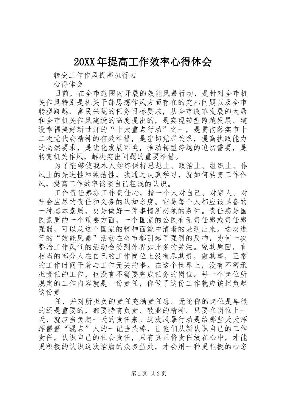 20XX年提高工作效率心得体会 (2)_第1页