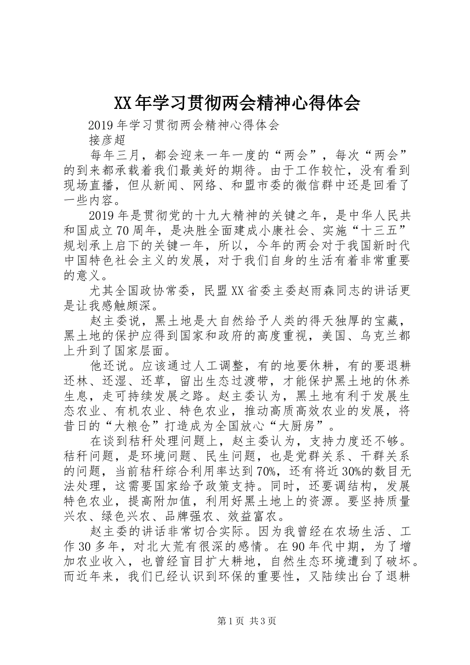 XX年学习贯彻两会精神心得体会_第1页