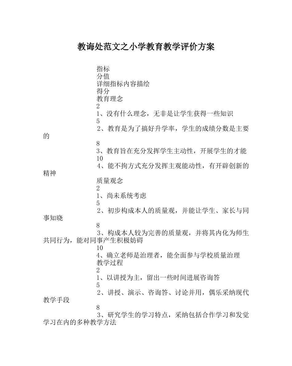 教导处范文小学教育教学评价方案 _第1页