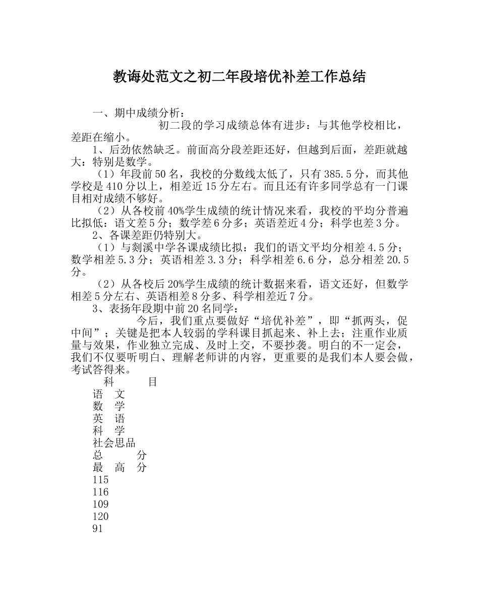 教导处范文初二年段培优补差工作总结 _第1页