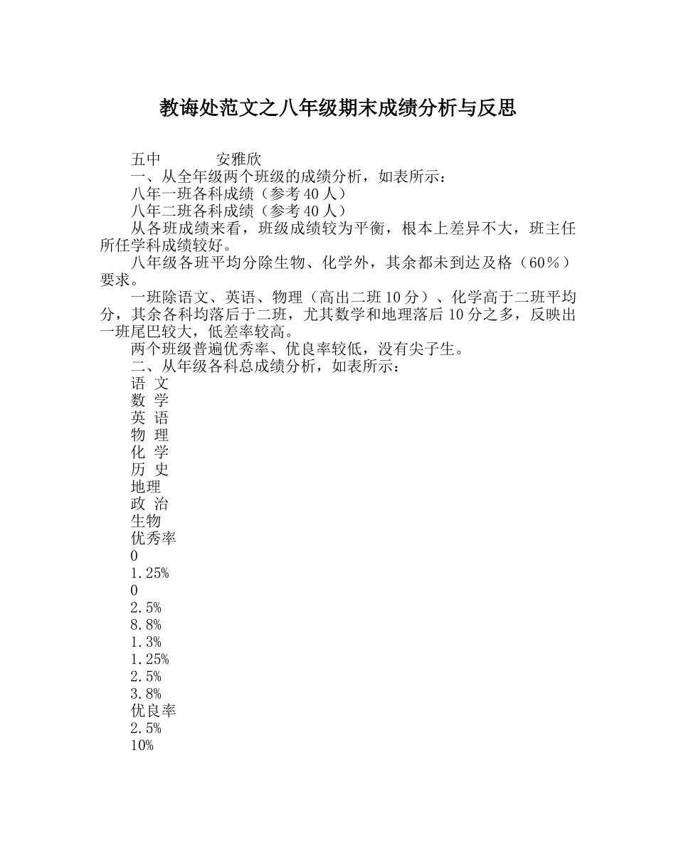 教导处范文八年级期末成绩分析与反思 _第1页