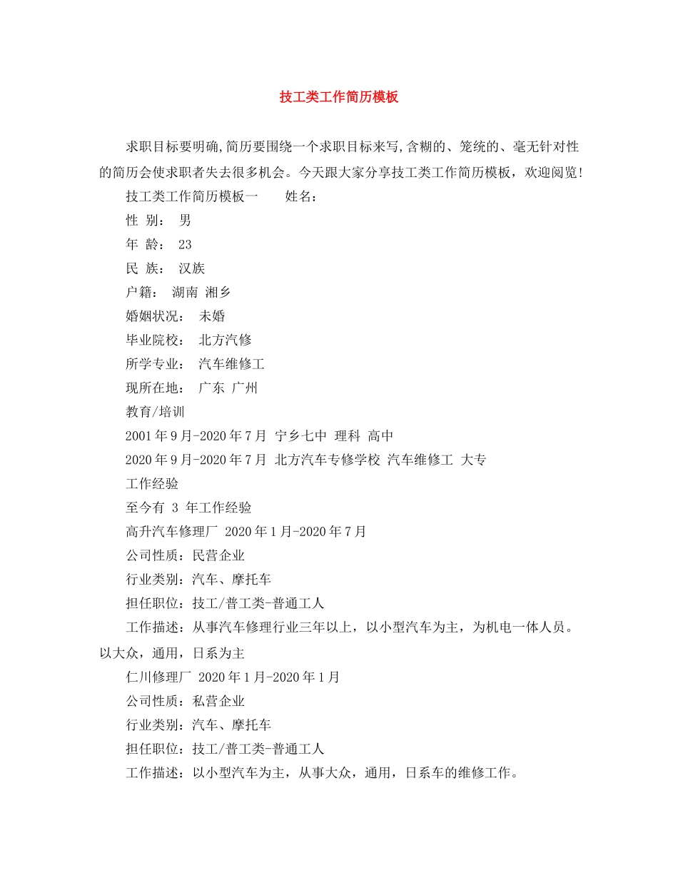 技工类工作简历模板 _第1页