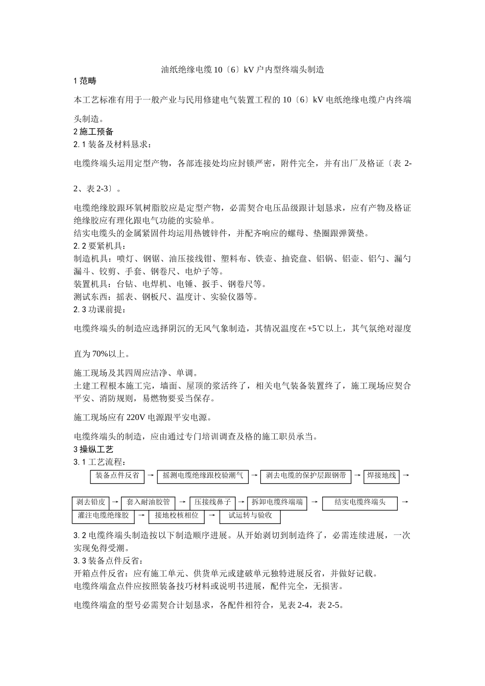 建筑行业油纸绝缘电缆10（ 6） kV户内型终端头制作 _第1页