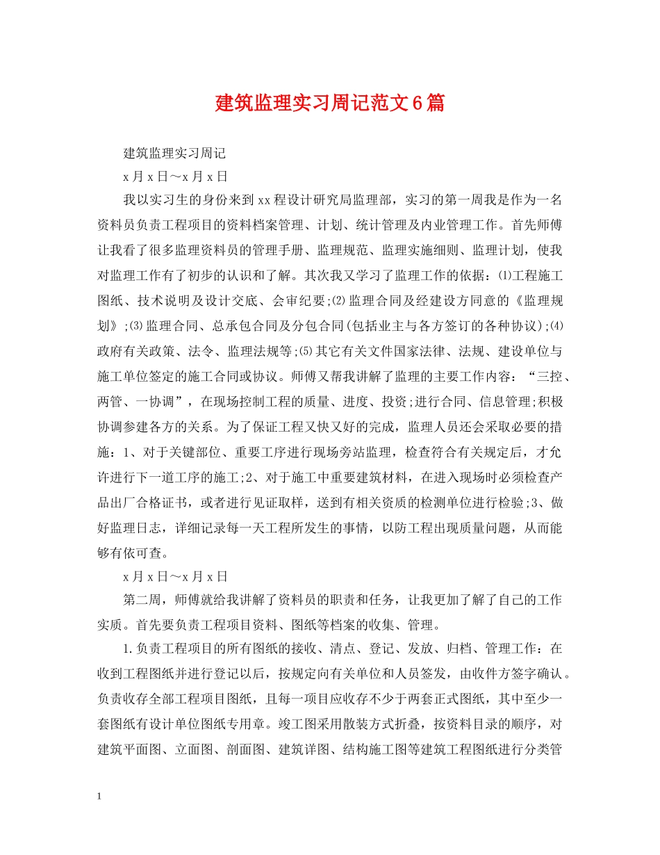 建筑监理实习周记范文6篇 _第1页