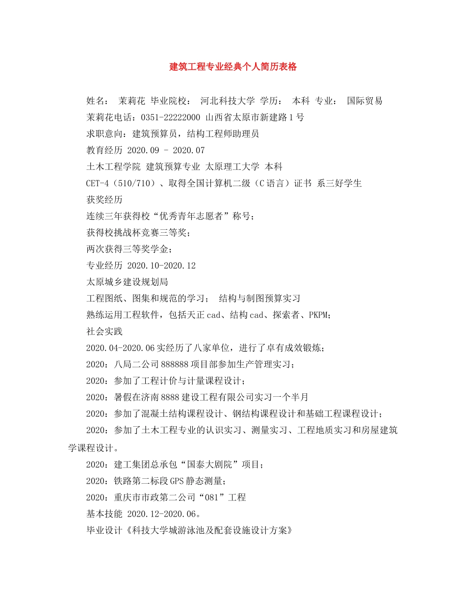 建筑工程专业经典个人简历表格 _第1页