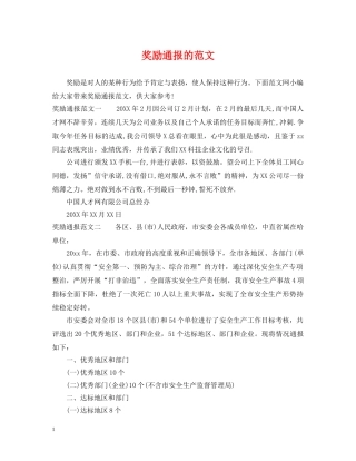 奖励通报的范文 