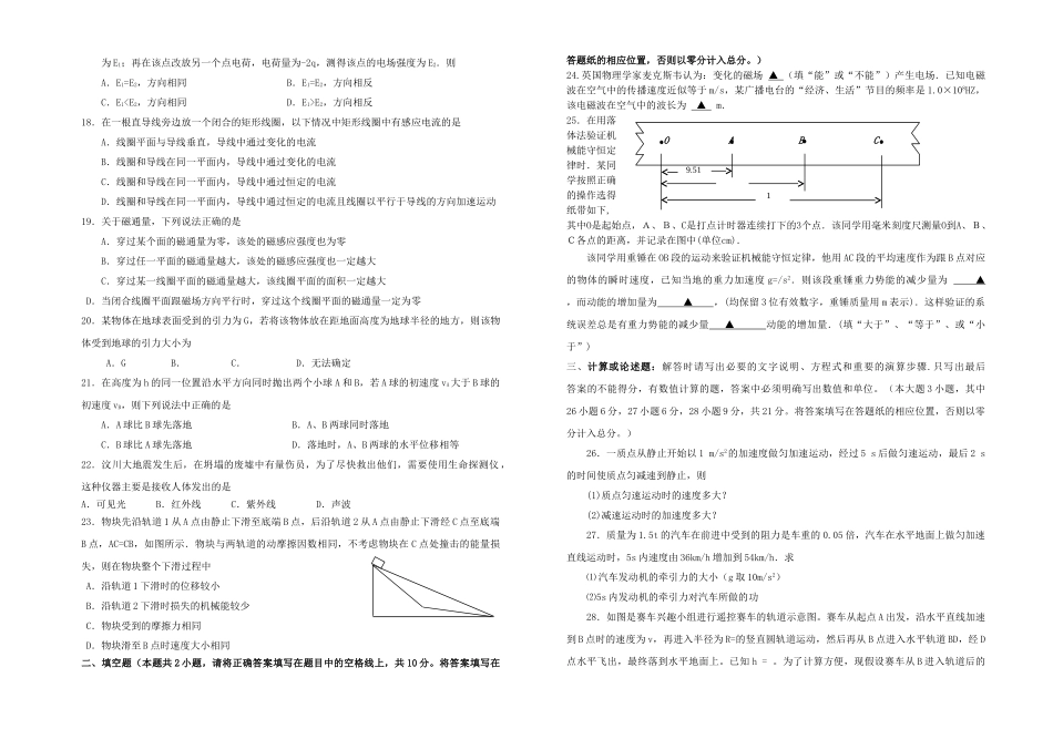 江苏省滨海1011高二物理第一学期期中考试 文会员独享 _第2页