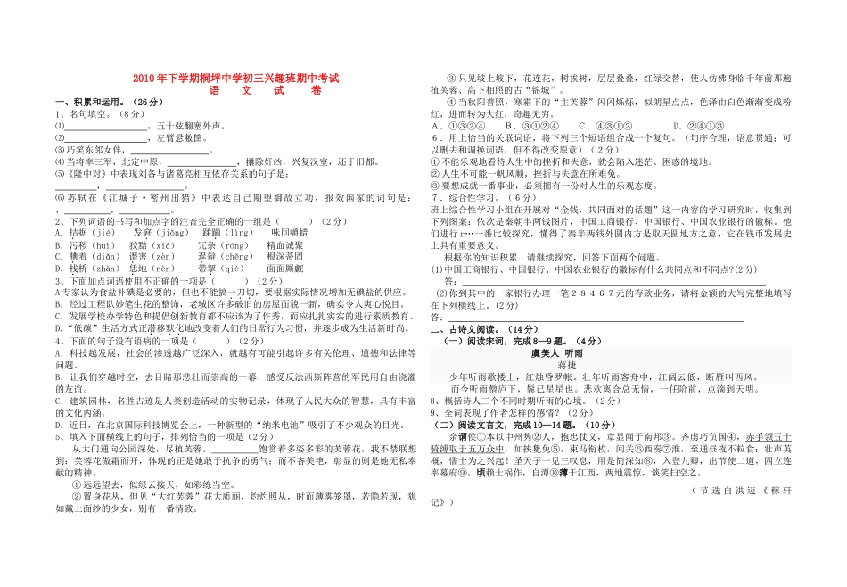 江苏省桐坪20九级语文兴趣班下学期期中考试 _第1页