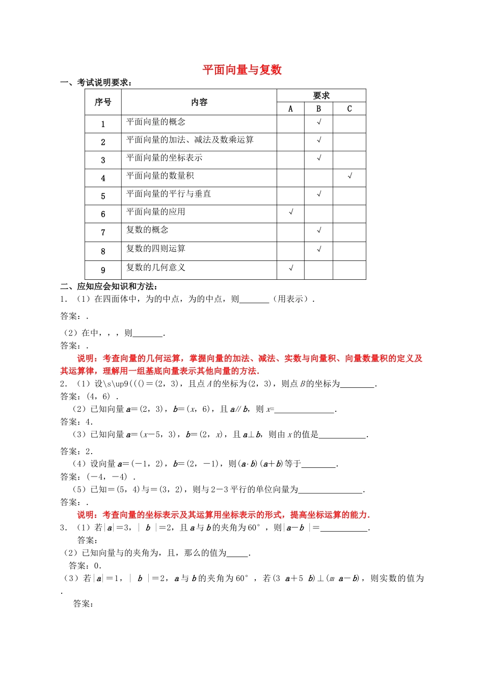 江苏省南京市2010高三应知应会讲义 平面向量与复数教案 苏教版 _第1页