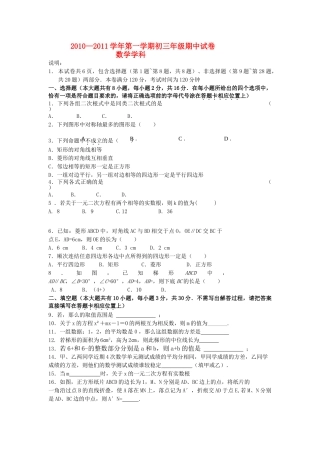 江苏省南京20102011九级数学上学期期中联考试题 苏科版 