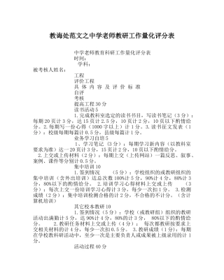 教导处范文教师教研工作量化评分表 