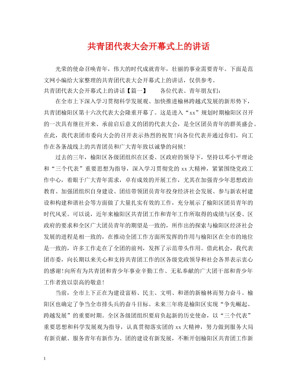 共青团代表大会开幕式上的讲话_第1页