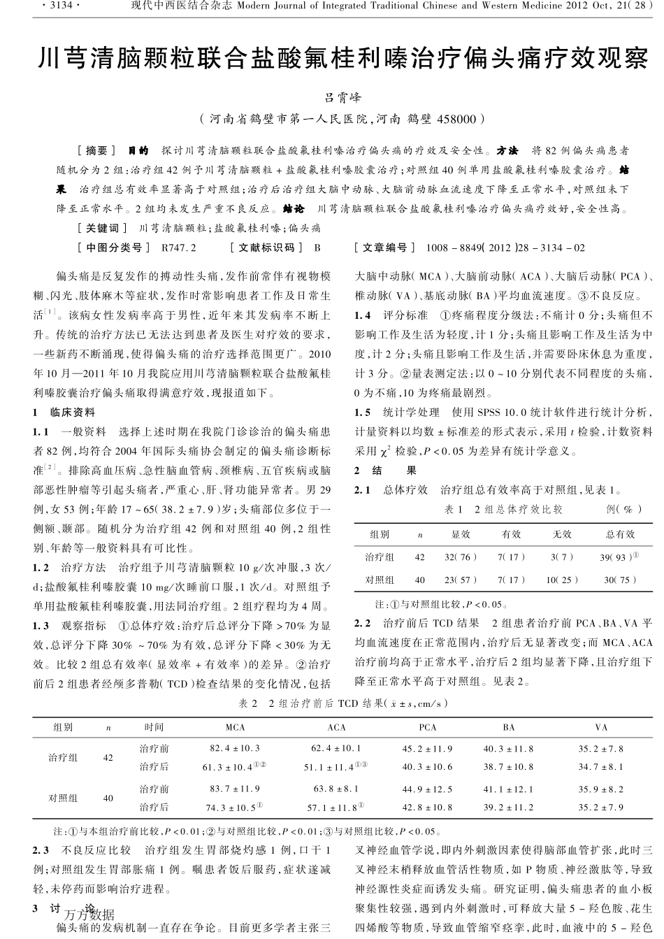 (3)川芎清脑颗粒联合盐酸氟桂利嗪治疗偏头痛疗效观察_第1页