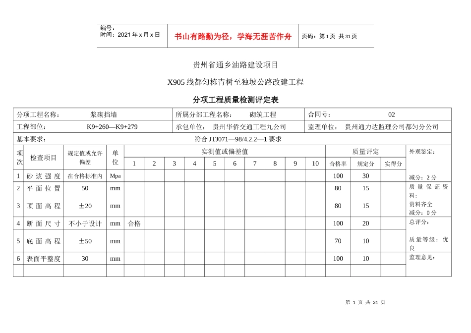 分项工程质量检测评定表(路肩墙)_第1页