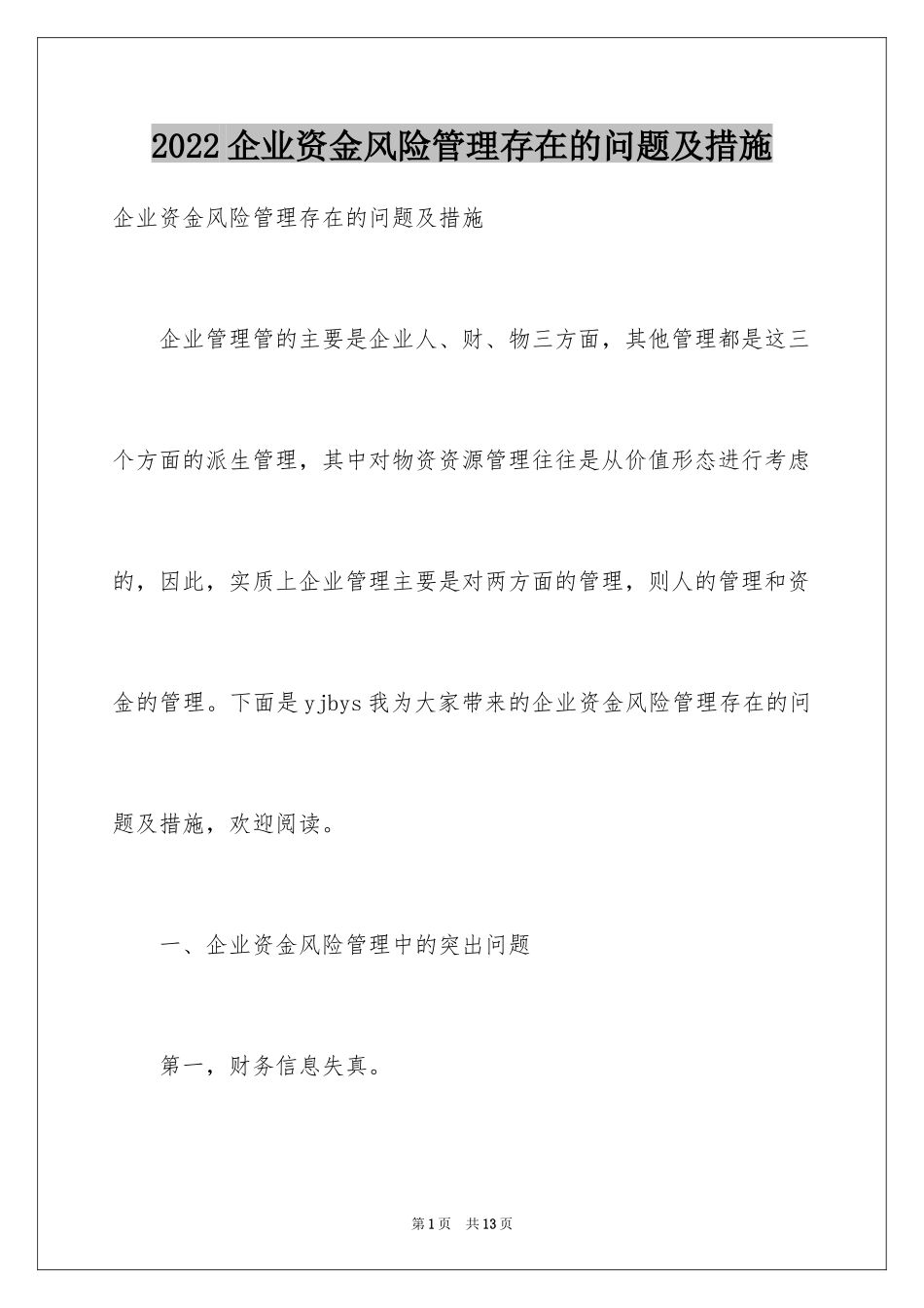 2024企业资金风险管理存在的问题及措施_第1页