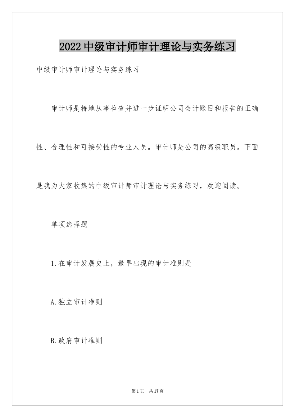 2024中级审计师审计理论与实务练习_第1页