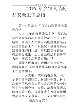 16年乡镇食品药品安全工作总结