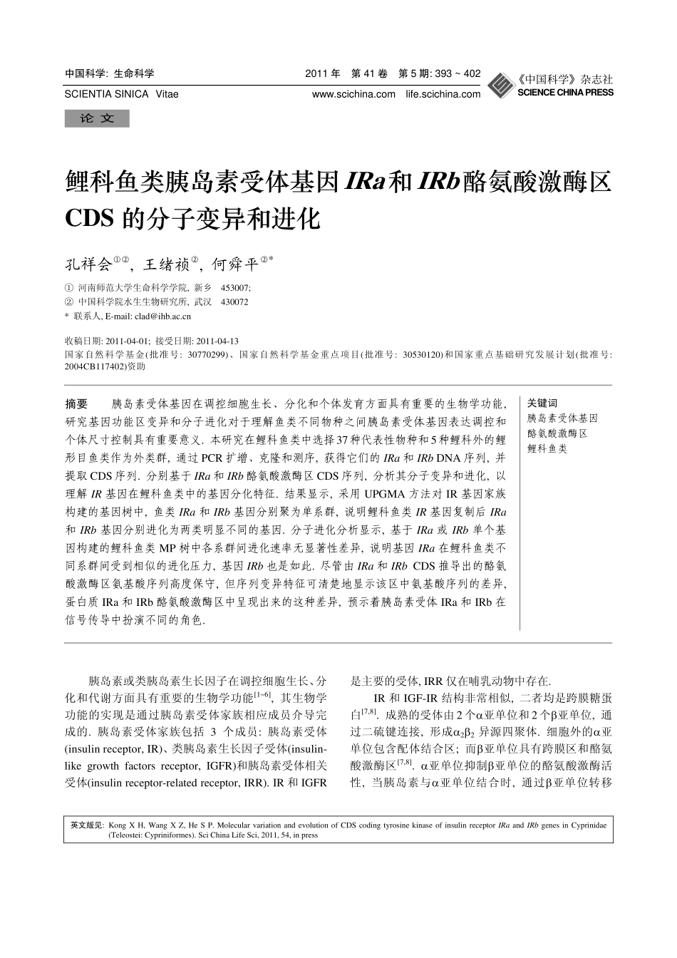 鲤科鱼类胰岛素受体基因IRa和IRb酪氨酸激酶区_第1页