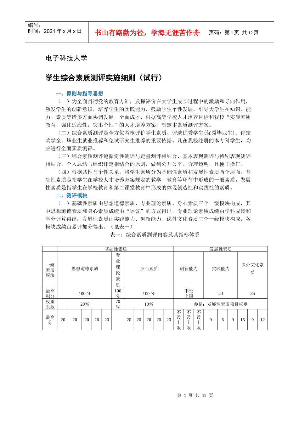 电子科技大学学生综合素质测评实施细则(试行)_第1页