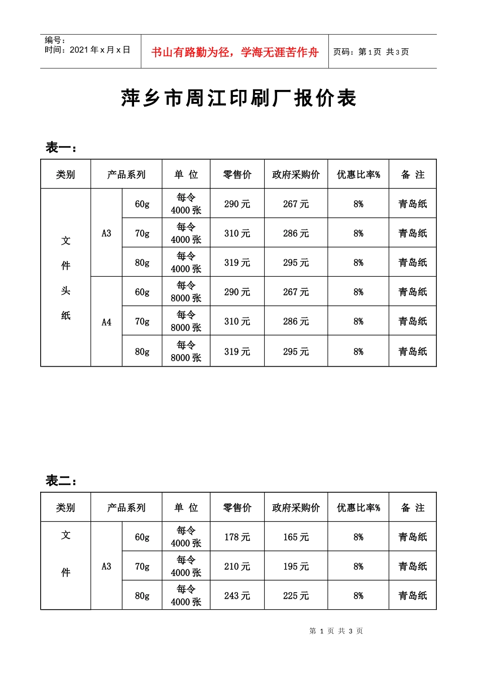 萍乡市周江印刷厂报价表_第1页