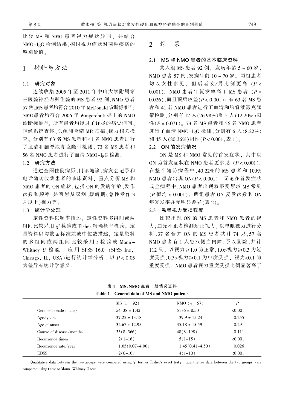 视力症状对多发性硬化和视神经脊髓炎的鉴别价值_戴永强_第2页