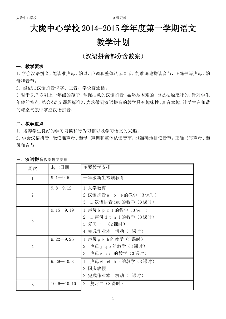 人教版一年级上册语文汉语拼音教学计划_第1页