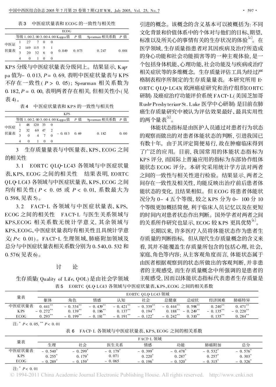 肺癌国际生存质量量表与体能状态评定指标及中医症状量表的关系_游捷_第3页