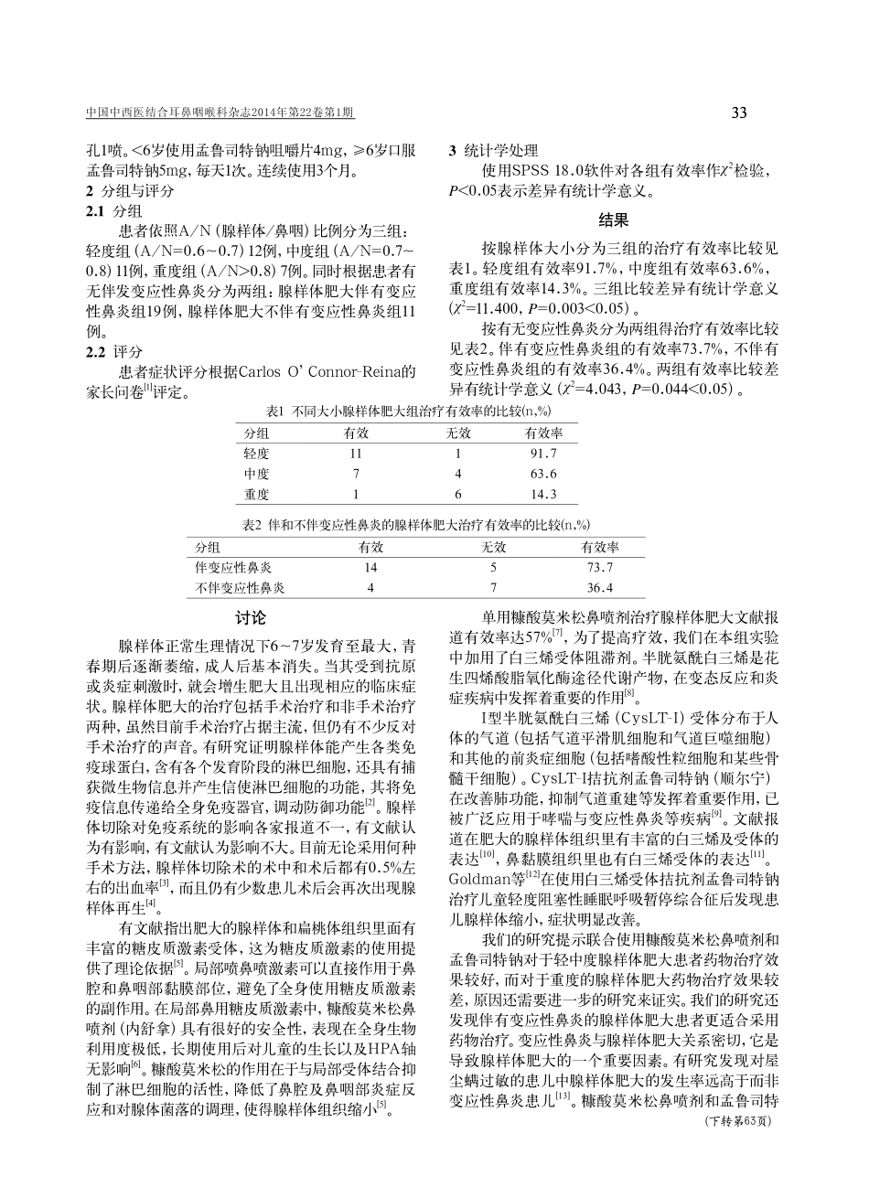 糠酸莫米松鼻喷剂和孟鲁司特钠联合治疗儿童腺样体肥大的疗效观察_第2页