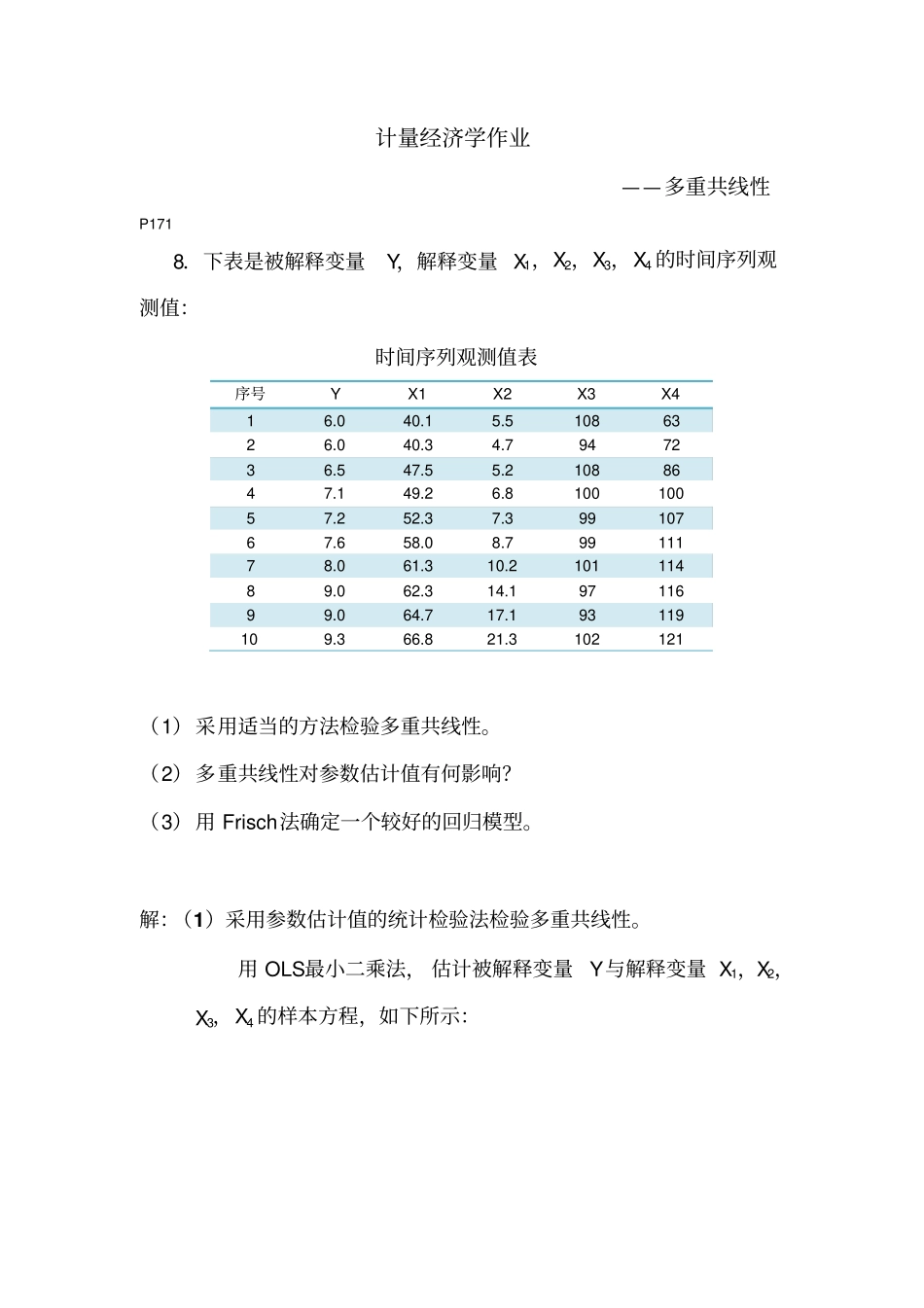 1计量经济学作业多重共线性p171_第1页