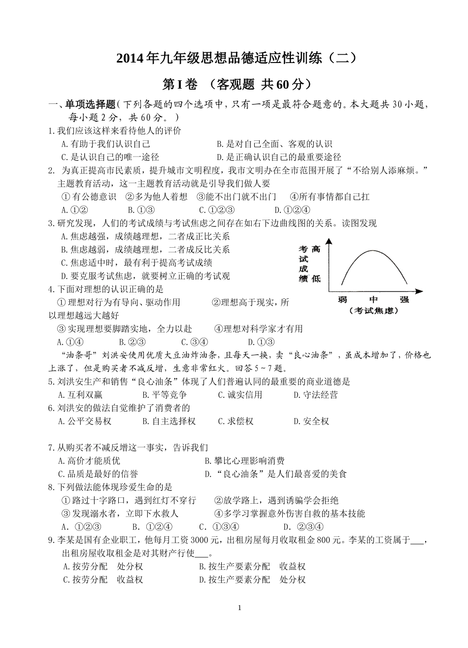 2014年九年级思想品德适应性训练_第1页