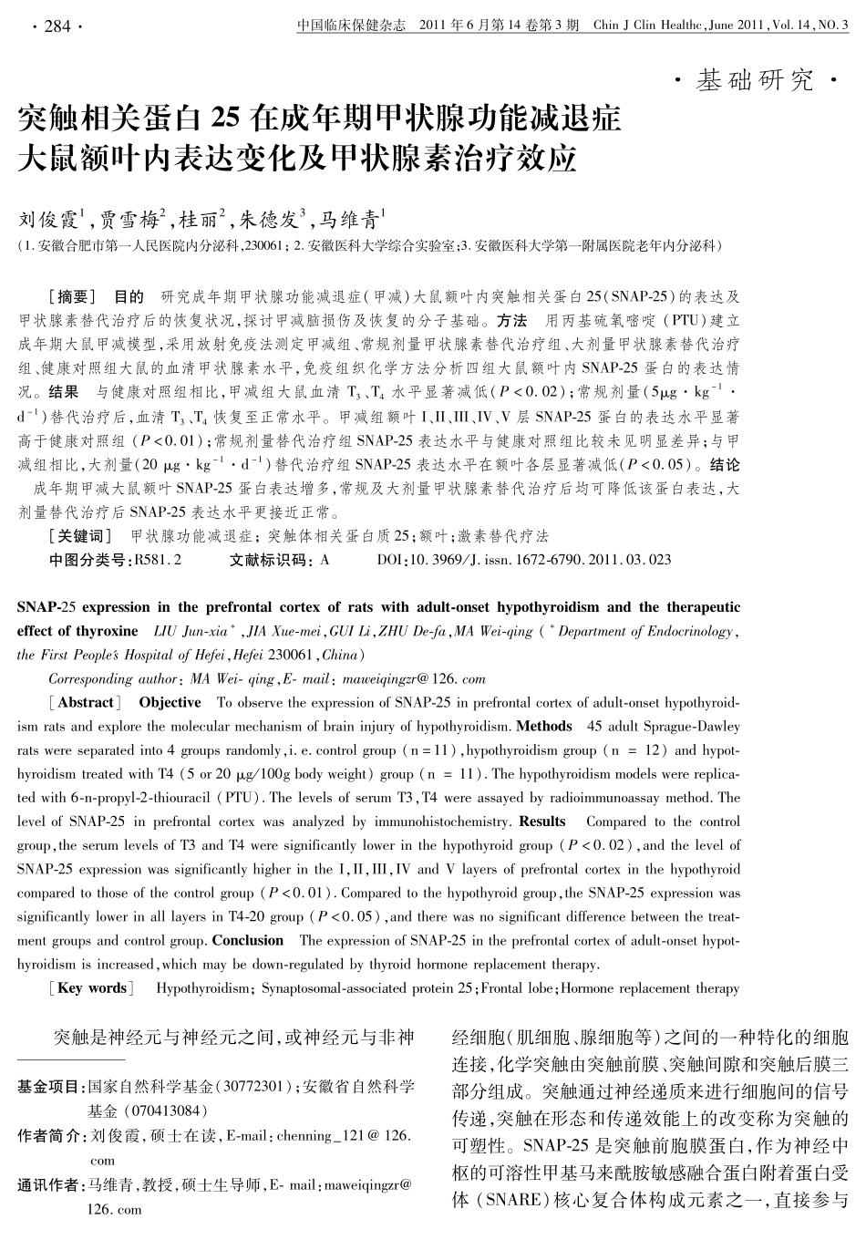 突触相关蛋白25在成年期甲状腺功能减退症大鼠额叶内表达变化及甲状腺素治疗效应_第1页