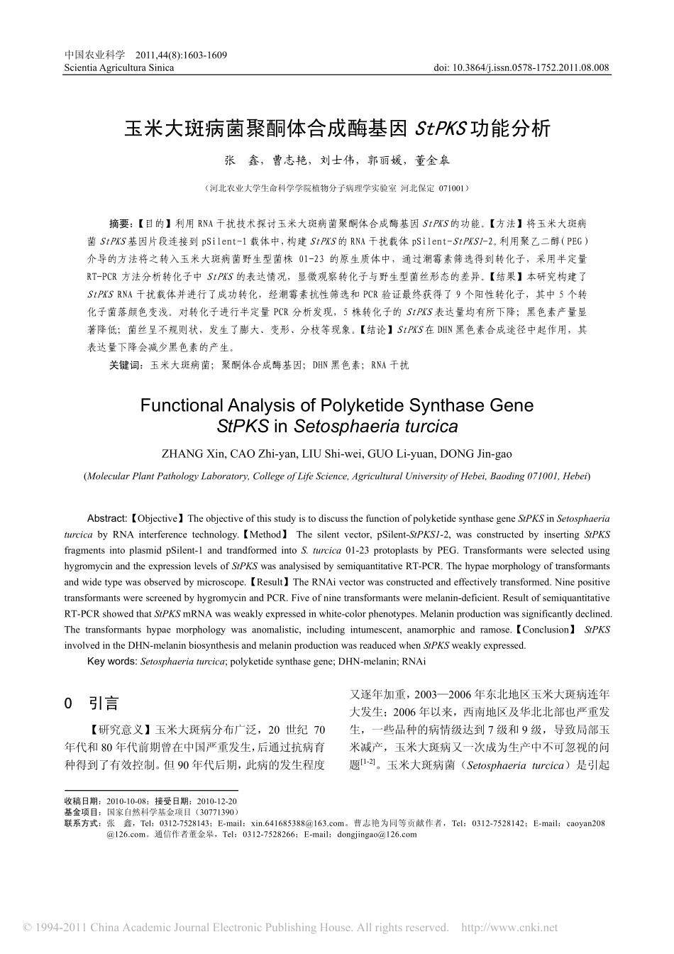 玉米大斑病菌聚酮体合成酶基因StPKS功能分析_第1页