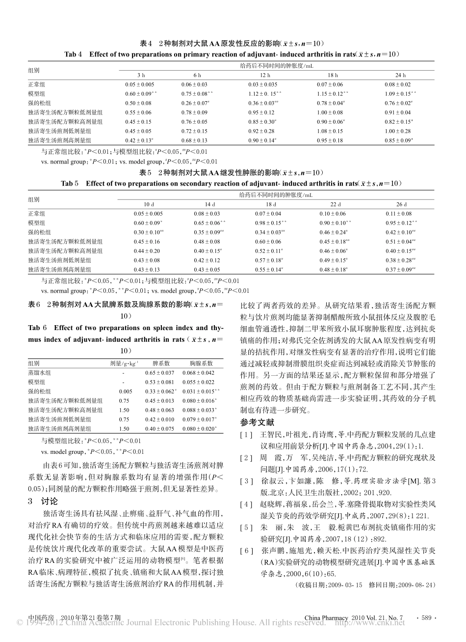 独活寄生汤配方颗粒与传统饮片煎剂的药效学比较_第3页