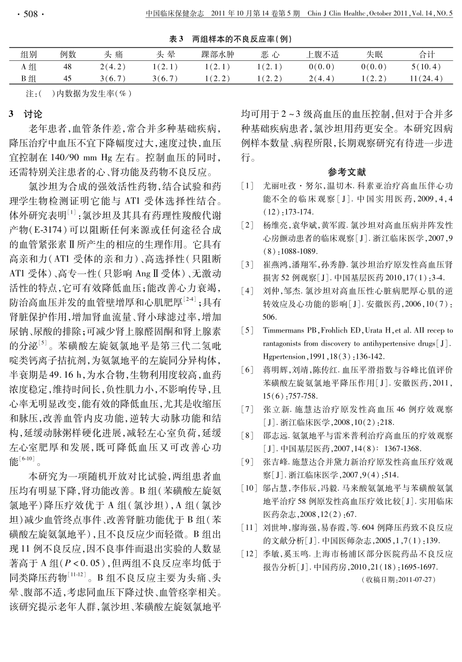氯沙坦、苯磺酸左旋氨氯地平治疗老年原发性高血压96例_第3页