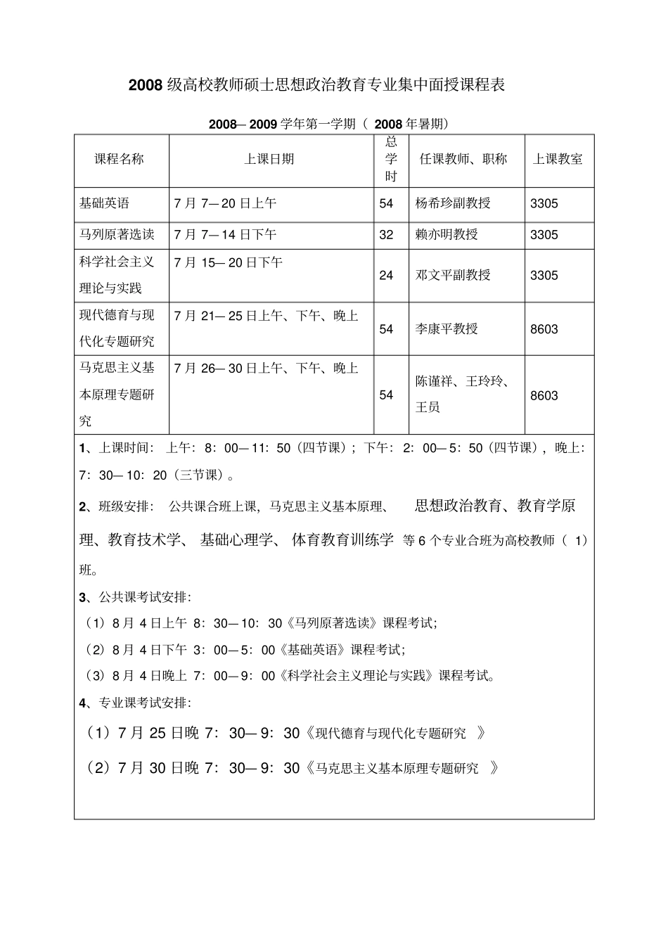 2008级高校教师硕士马克思主义基本原理专业集中面授课程表_第2页