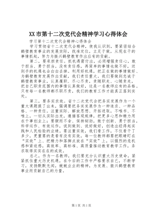 XX市第十二次党代会精神学习心得体会