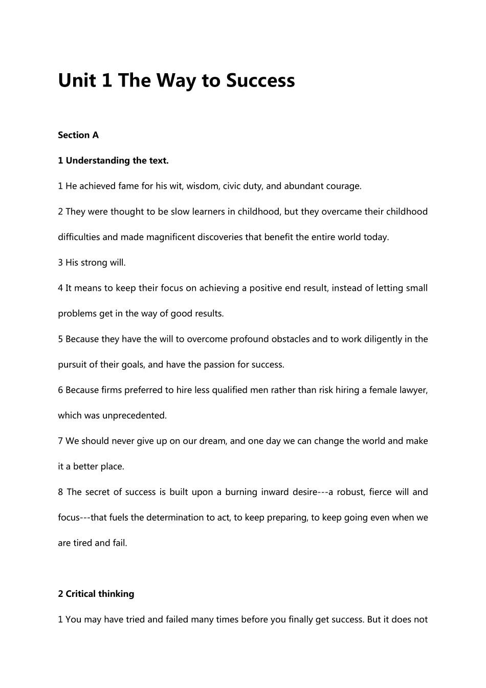 新视野大学英语(第三版)课后练习答案-第三册第一单元Unit 1 The Way精品_第1页