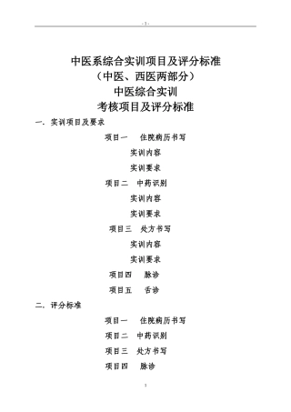 中医专业学生综合实训内容及评分标准