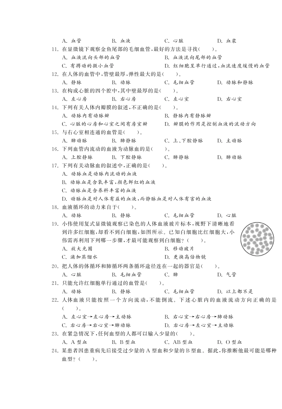 【单元突破】七年级生物下册 第四章 人体内物质的运输综合提优测评(A卷)_第2页