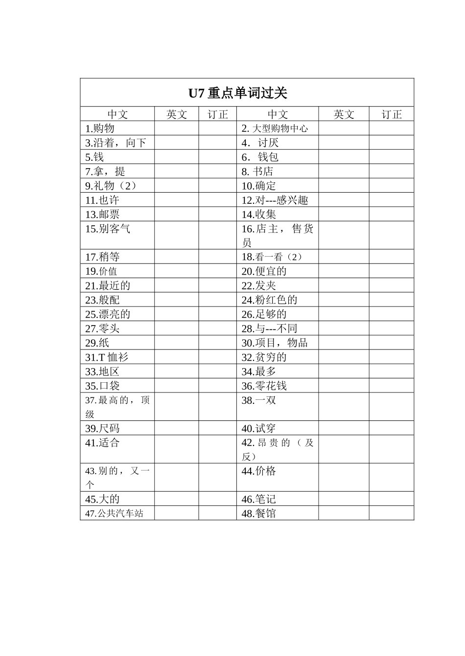 U7重点单词、词组过关_第1页