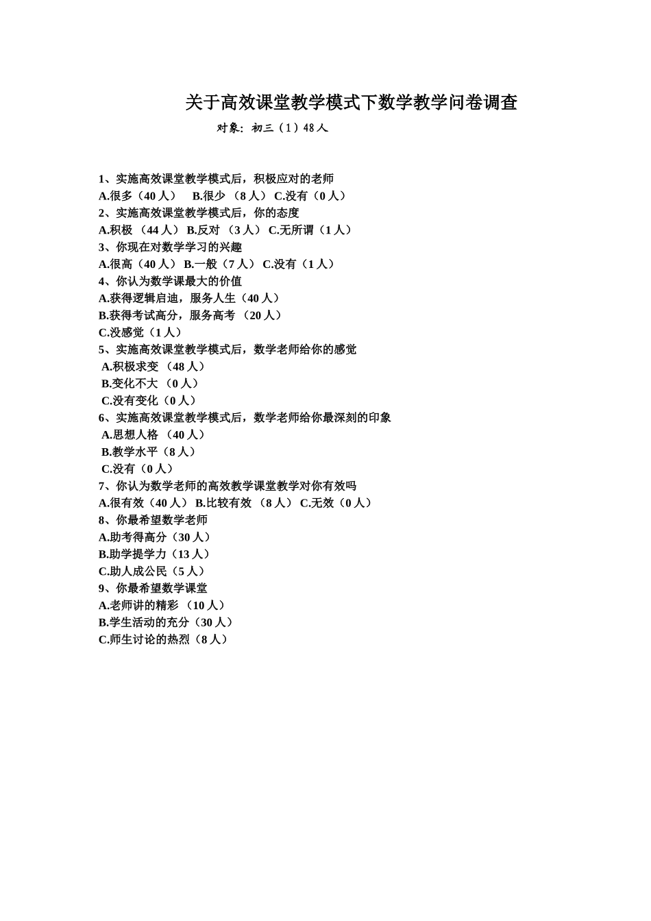 关于高效课堂教学模式下数学教学调查_第1页