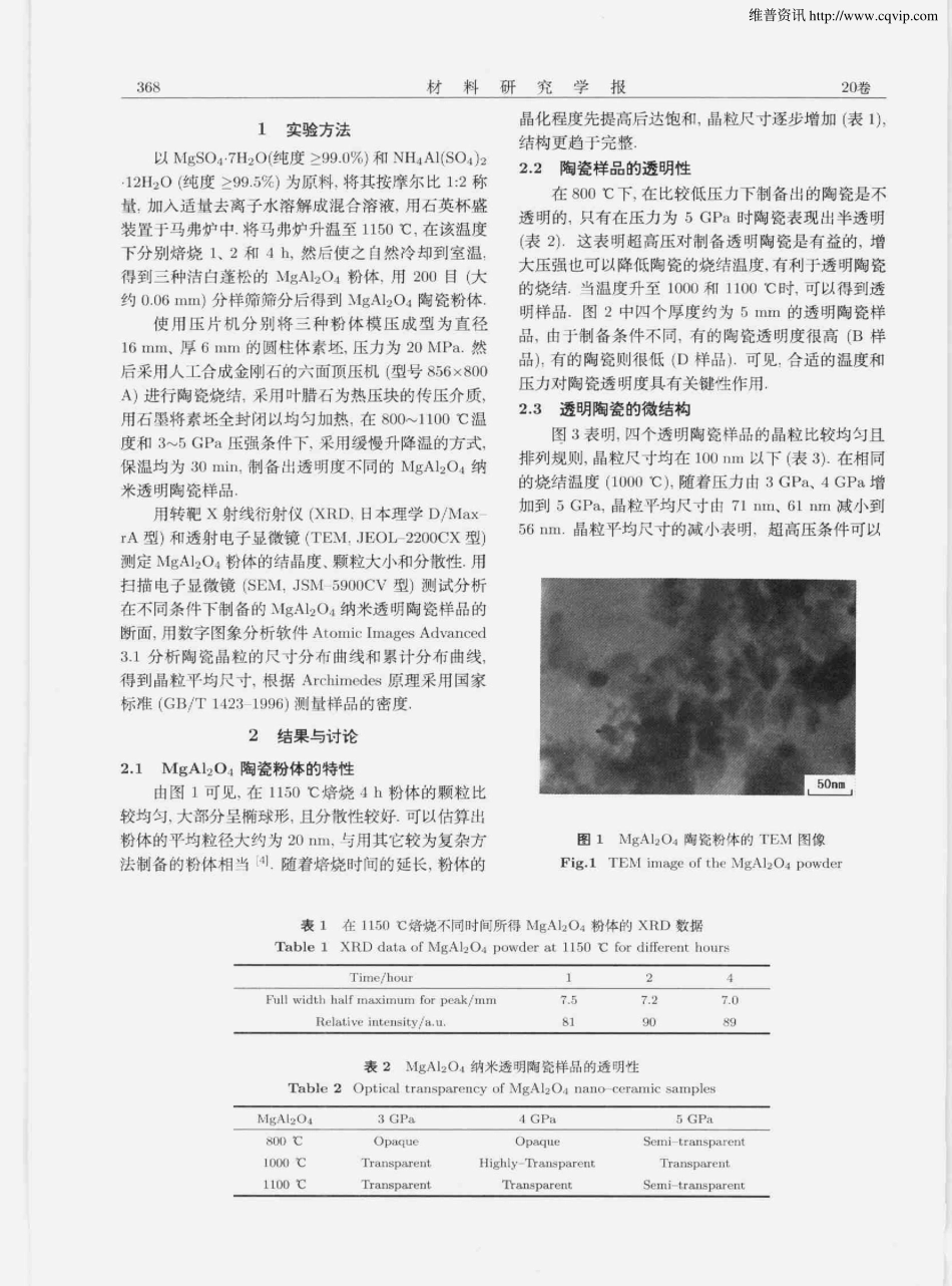 MgAl2O4纳米透明陶瓷的制备及其透明机理_第2页